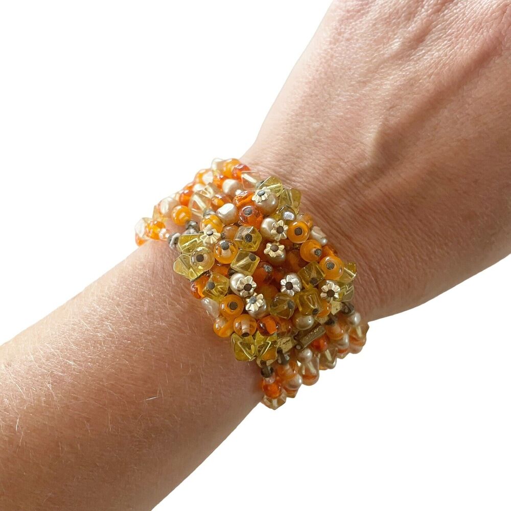 Braclet Orange Confetti Beaded 1950s 1960s Brass Color Clasp Cuff Layered